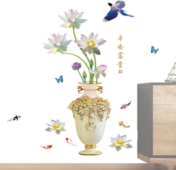 Lotus Flower Classical Vase Wall Sticker, Living Room Art Wall Decals Home Entrance Backdrop Decoration(Code 3D) - Image 3