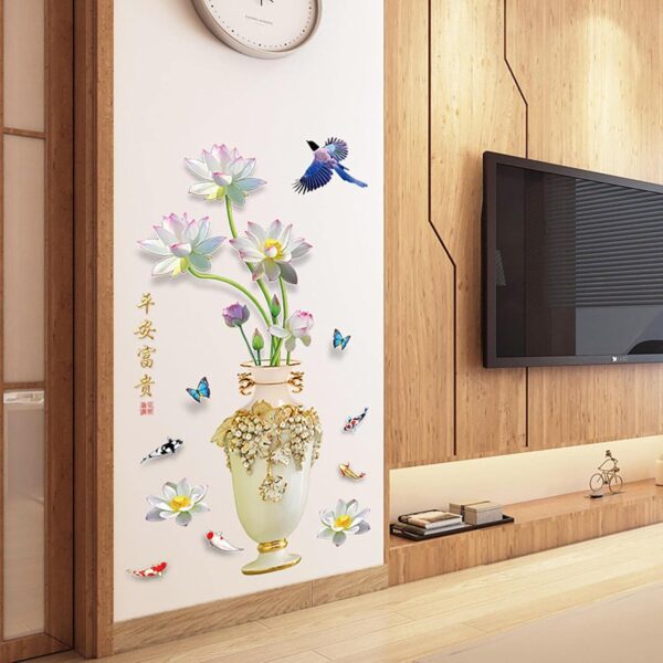 Lotus Flower Classical Vase Wall Sticker, Living Room Art Wall Decals Home Entrance Backdrop Decoration(Code 3D) - Image 5