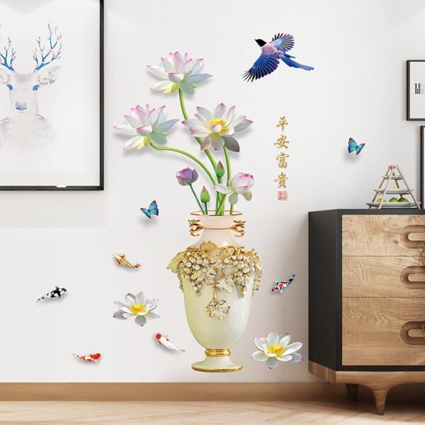 Lotus Flower Classical Vase Wall Sticker, Living Room Art Wall Decals Home Entrance Backdrop Decoration(Code 3D) - Image 2