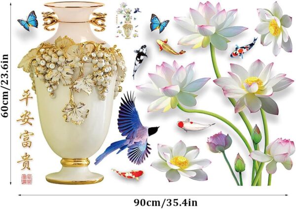 Lotus Flower Classical Vase Wall Sticker, Living Room Art Wall Decals Home Entrance Backdrop Decoration(Code 3D) - Image 4