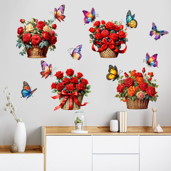 1 set(4 pieces) Beautiful Red Flower Butterfly Basket 3D Removable Wall stickers(Code 12B) - Image 4