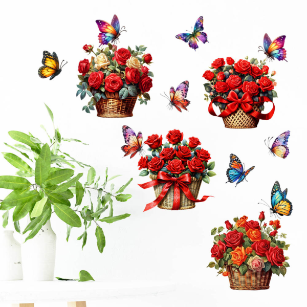 1 set(4 pieces) Beautiful Red Flower Butterfly Basket 3D Removable Wall stickers(Code 12B) - Image 5