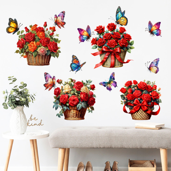 1 set(4 pieces) Beautiful Red Flower Butterfly Basket 3D Removable Wall stickers(Code 12B) - Image 3