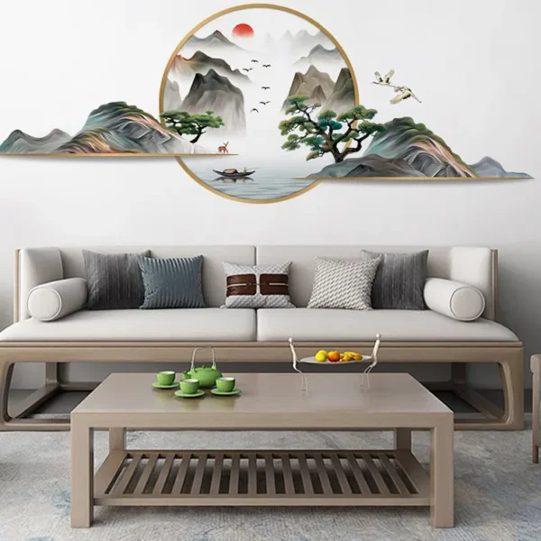 Self adhesive chinese style mountain moon 3d stickers for wall decoration