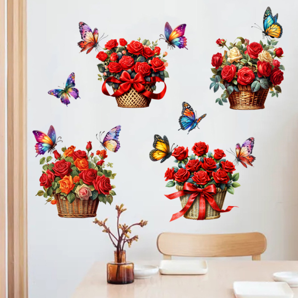 1 set(4 pieces) Beautiful Red Flower Butterfly Basket 3D Removable Wall stickers(Code 12B)