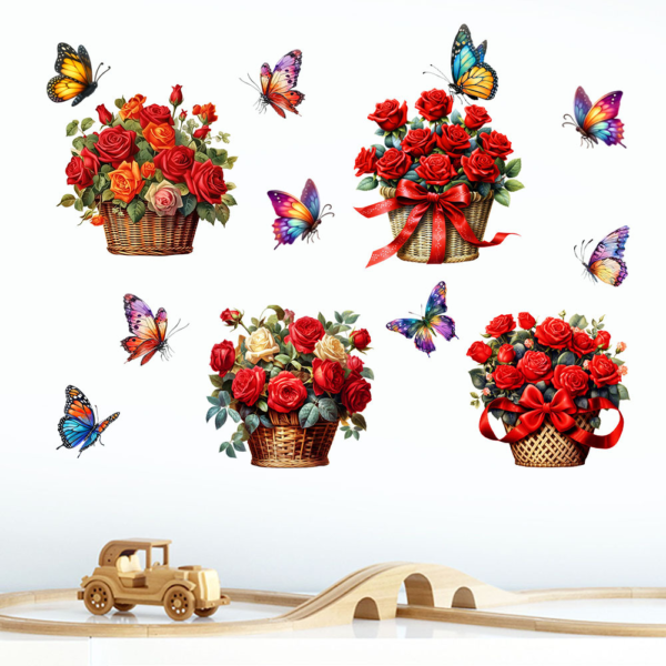 1 set(4 pieces) Beautiful Red Flower Butterfly Basket 3D Removable Wall stickers(Code 12B) - Image 2